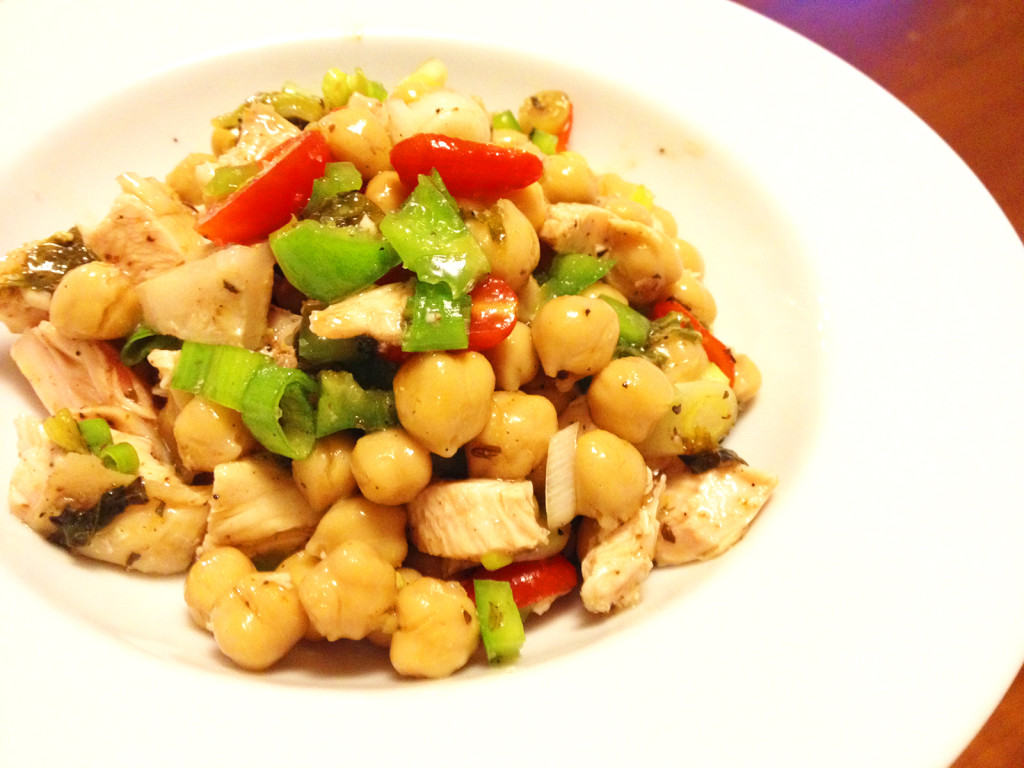 An easy salad can be made from leftover chicken breast and a can of chickpeas.