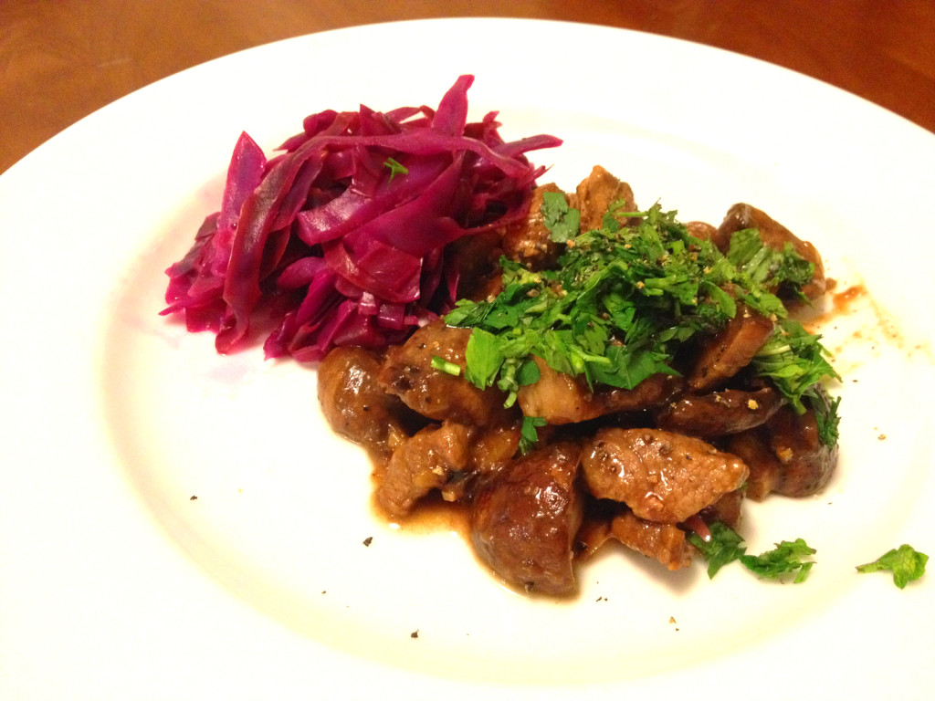 Lamb stew with red cabbage.