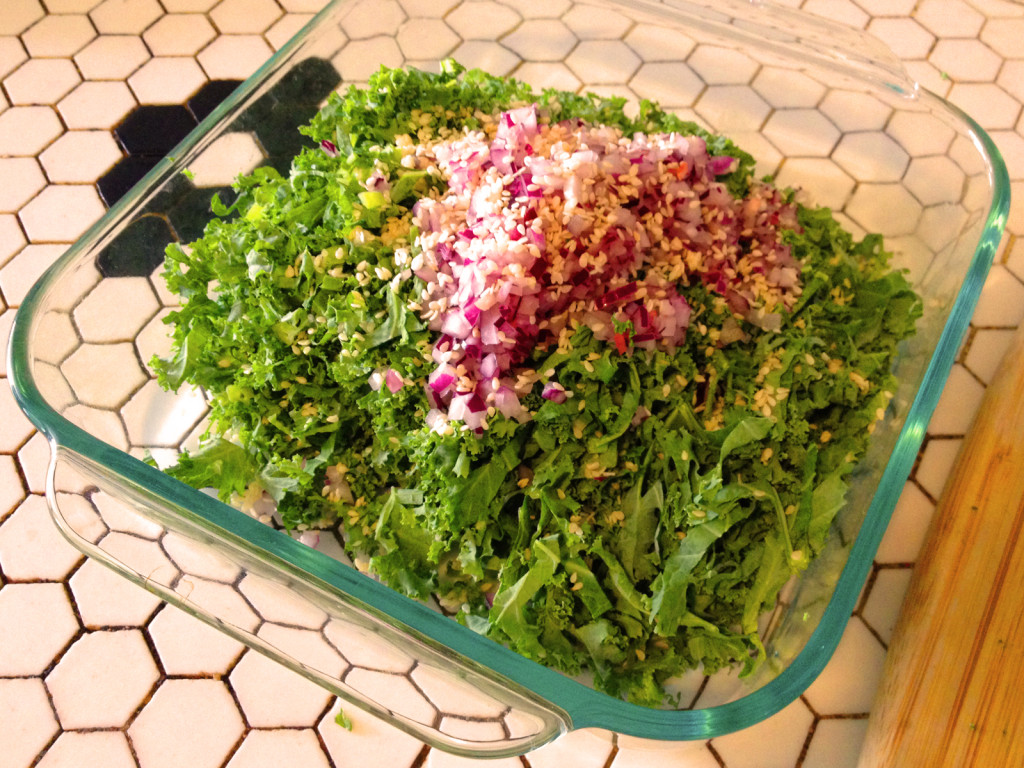 The approximate size and proportion of key ingredients in the Kale Slaw with Sesame Honey Dijon Dressing. Photo © Ben Young Landis. Read the story on www.seefoodwrite.com.